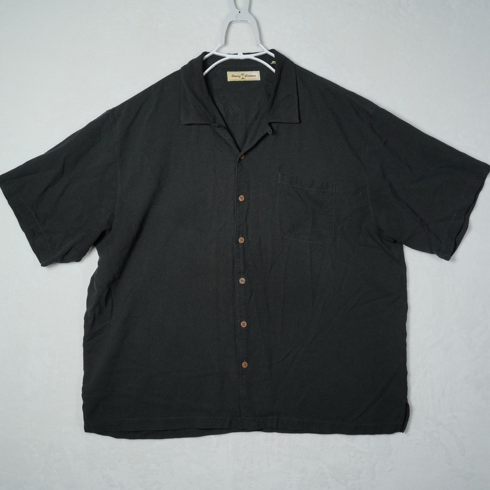 Tommy Bahama Mens XXL Black 100% Silk Short Sleeve Textured Camp Shirt